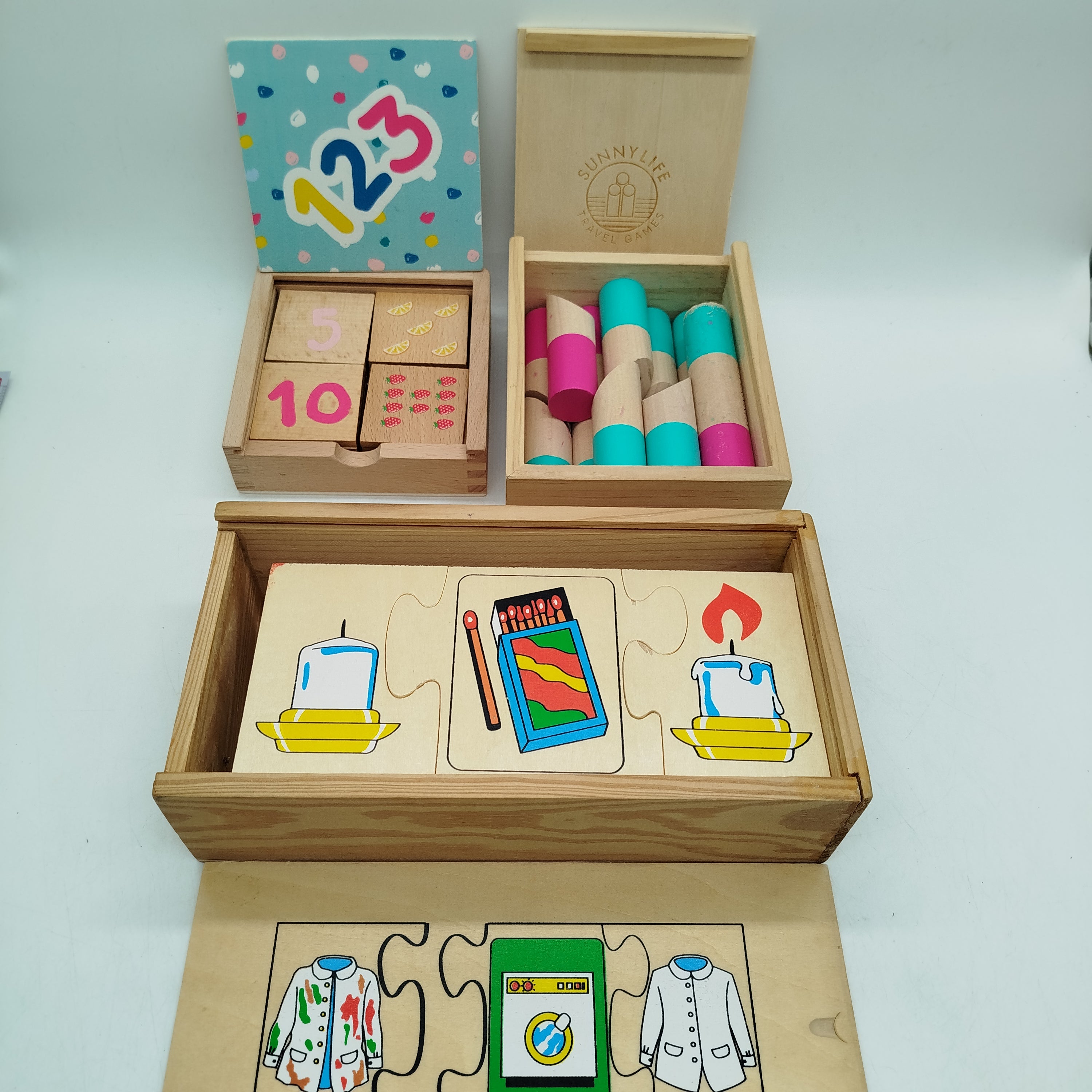 Sunnylife Bundle Travel Games Set 3 Holz Lernspiele, gebraucht, ab 3 Jahre